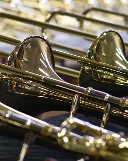 Row of trombones on display